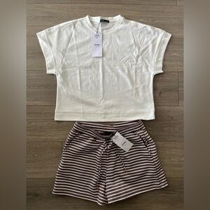 NWT Sinsay Brown and White Striped Shorts and White Top Size Large
